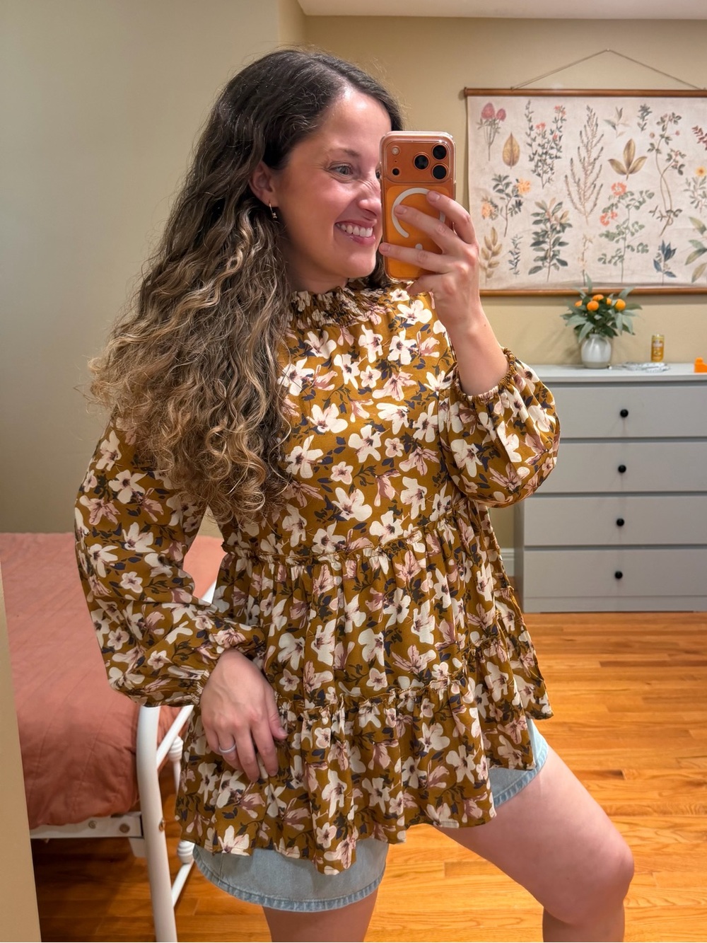 DownEast Smocked Neck Floral Peplum Top - Brown Floral Medium